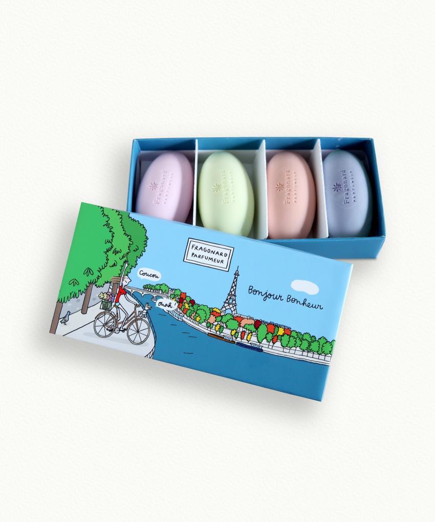 BONJOUR BONHEUR- COFFRET 4 SAVONS 50GR VERVEINE, ROSE, FL ORANGER, LILAS