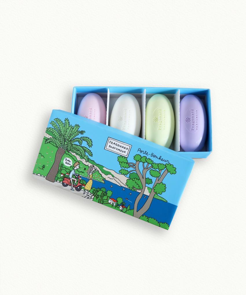 PORTE BONHEUR- COFFRET 4 SAVONS 50G VERVEINE, ROSE, JASMIN, LAVANDE