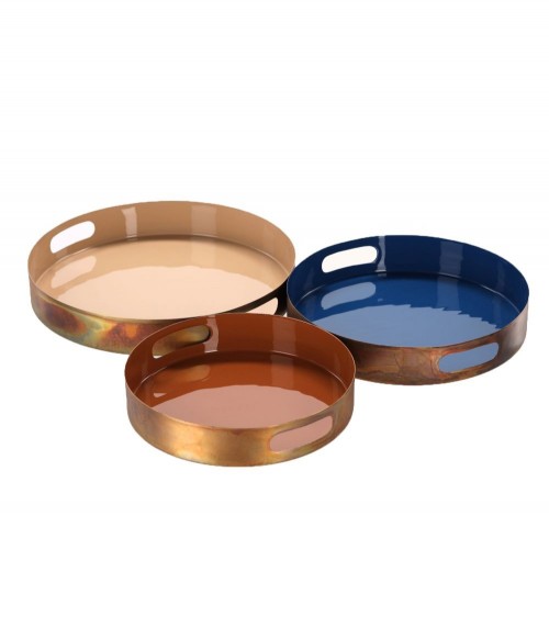 Plateaux avec Poignées New Colors S/3 Bleu/Nude/Terracotta D40/35/30cm